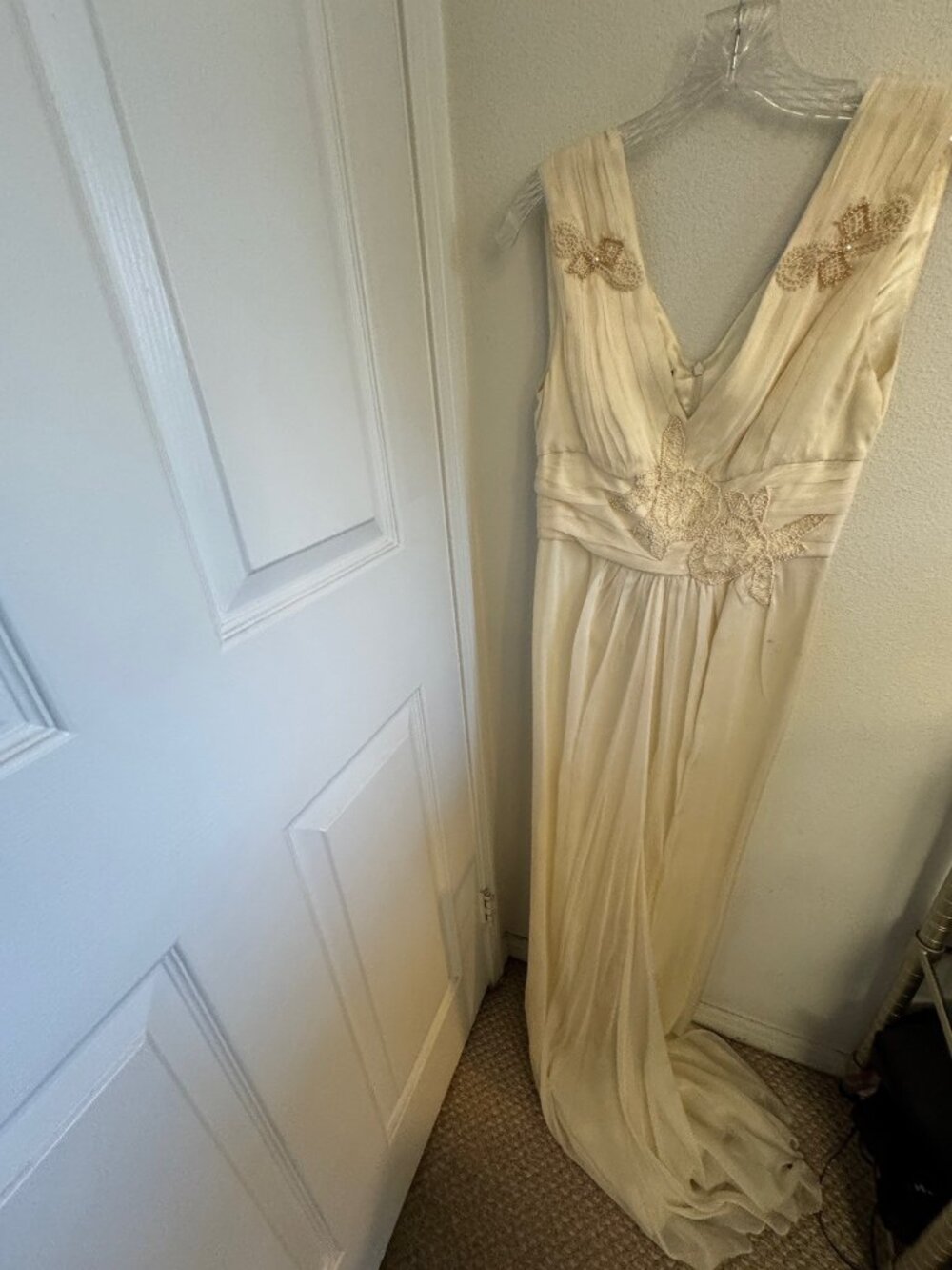Alberta Ferretti pleated, draped embellished white gown.